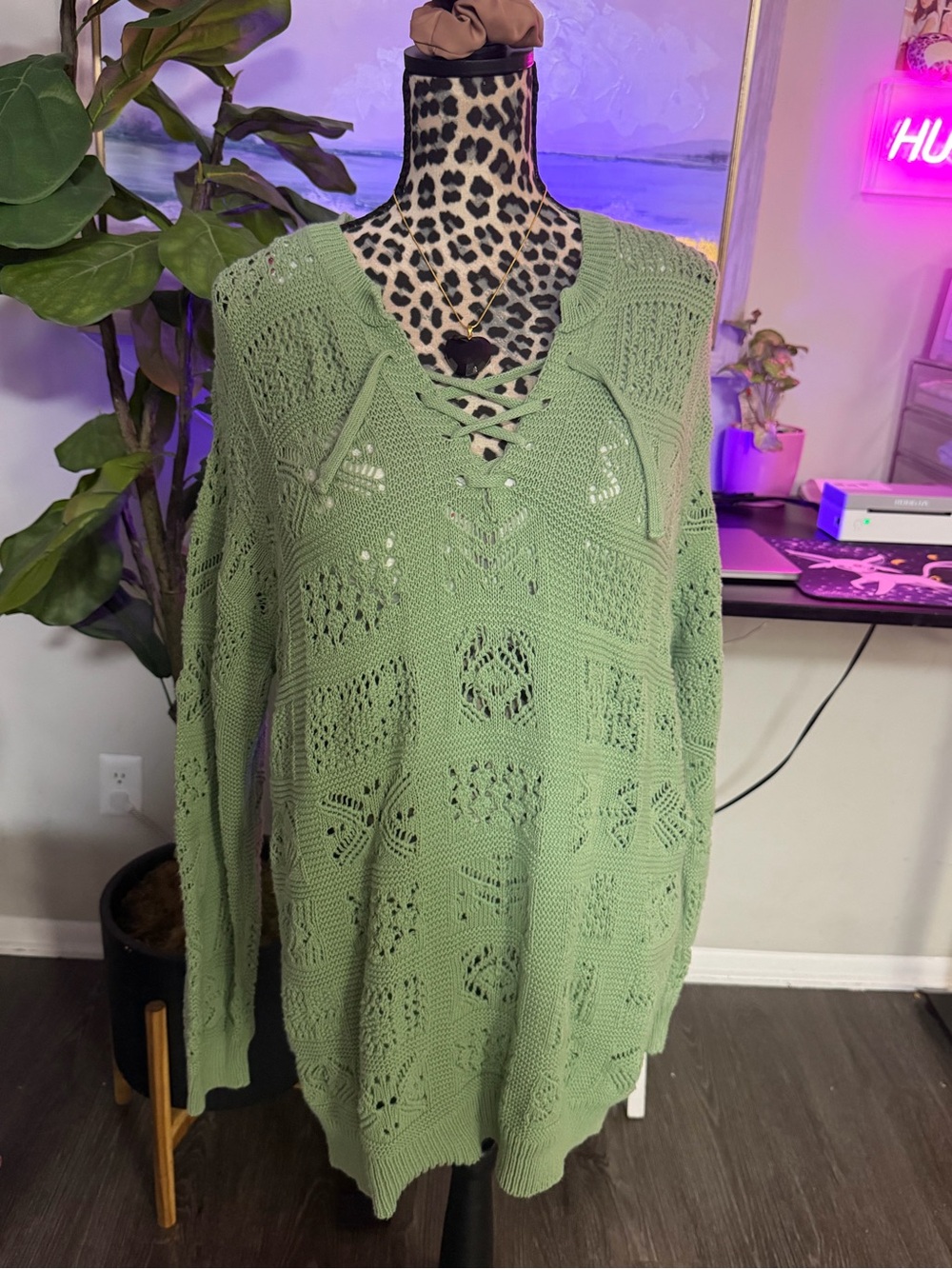 Lace-Up Open Knit Green Knit | XL